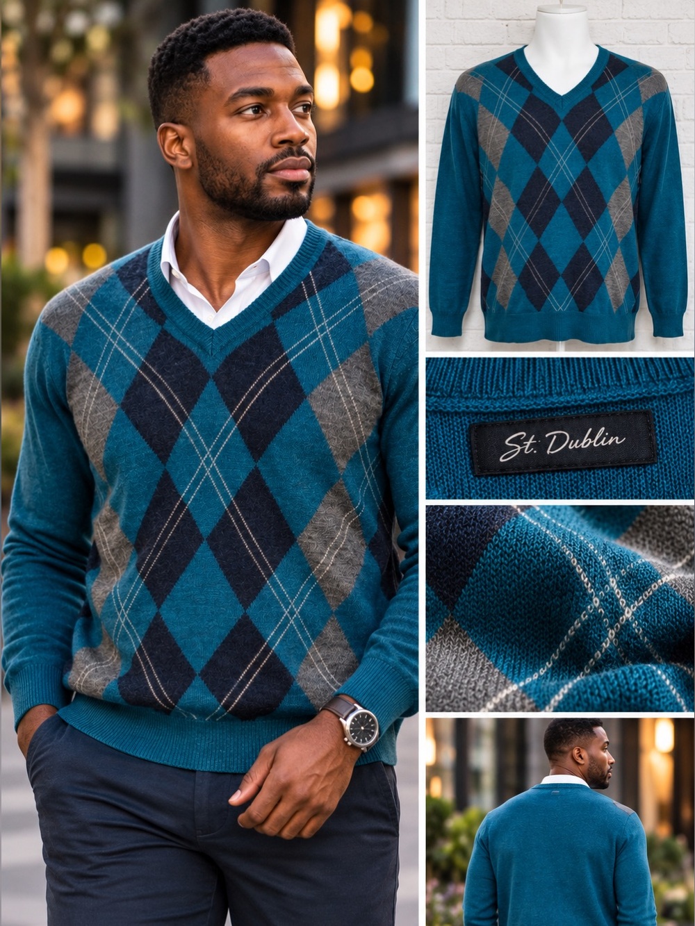 St. Dublin Men’s XL Argyle V-Neck Sweater Teal Blue Wool Blend Preppy